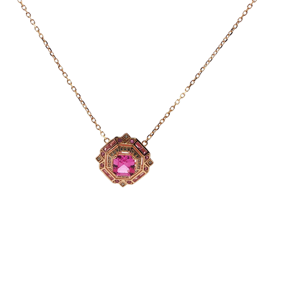 Shop online premium 18K gold-dipped pink sapphire necklace with cubic zirconia stones.