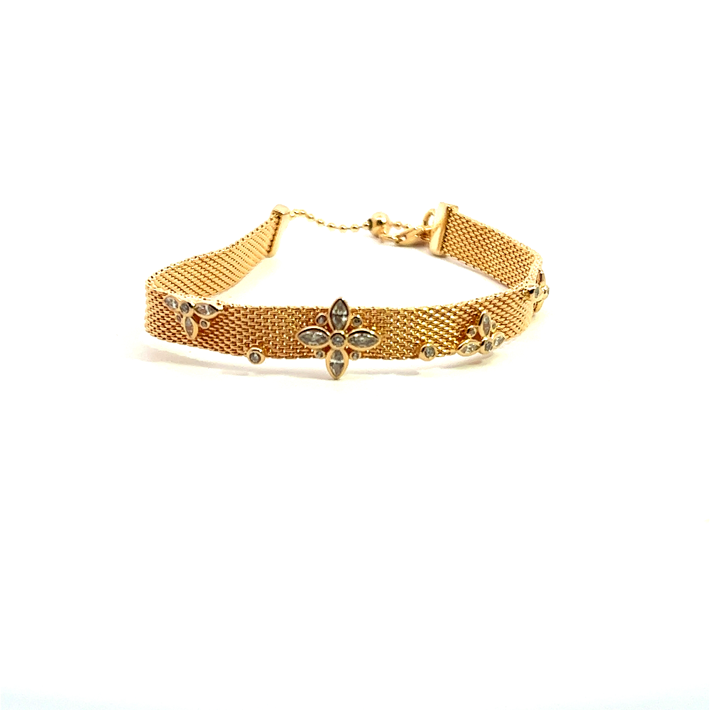Sterling silver 18k gold-dipped watch-style net bracelet with a detailed center design and sparkling cubic zirconia accents. Shop premium jewelry online.