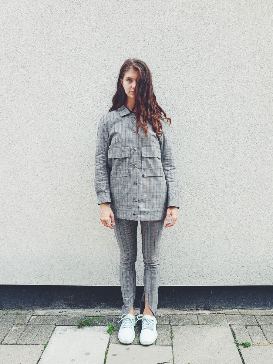 Check skinny suit trouser with ankle cut away detailing, high waisted and made from cotton. Designed & made in the UK by sustainable clothing brand Fanfare Label