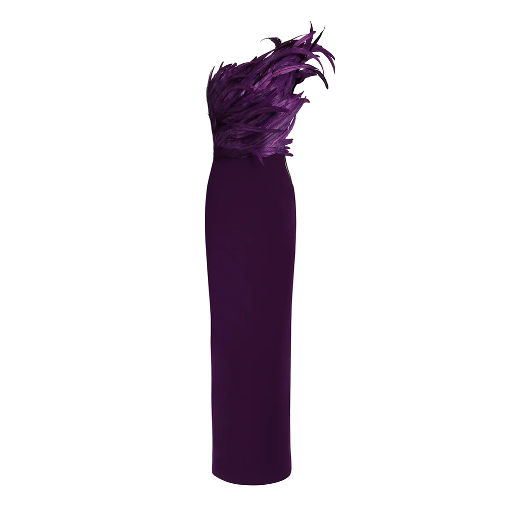 A purple chiffon halter dress featuring ruffled feather sleeves.