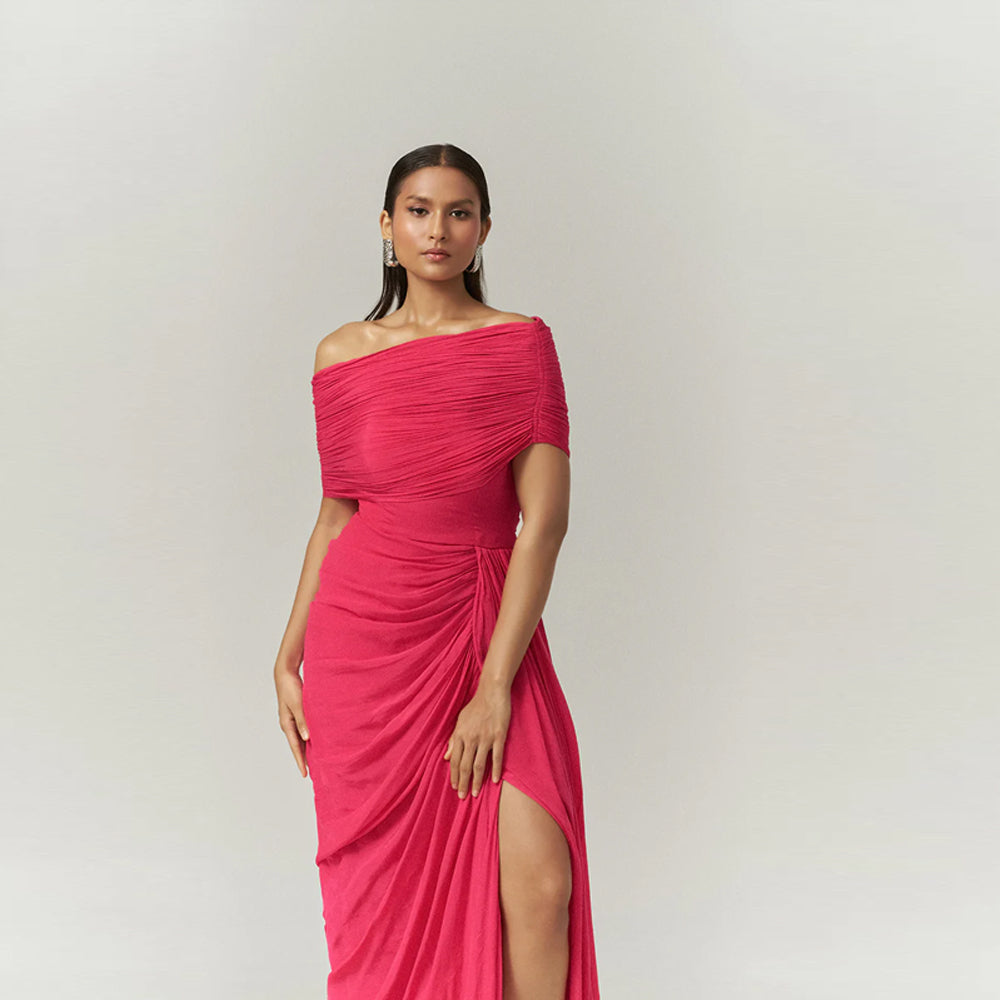 Pleated chiffon dress with one shoulder and slit, perfect for brunch and events. Shop online from our curated edit of premium fashion.