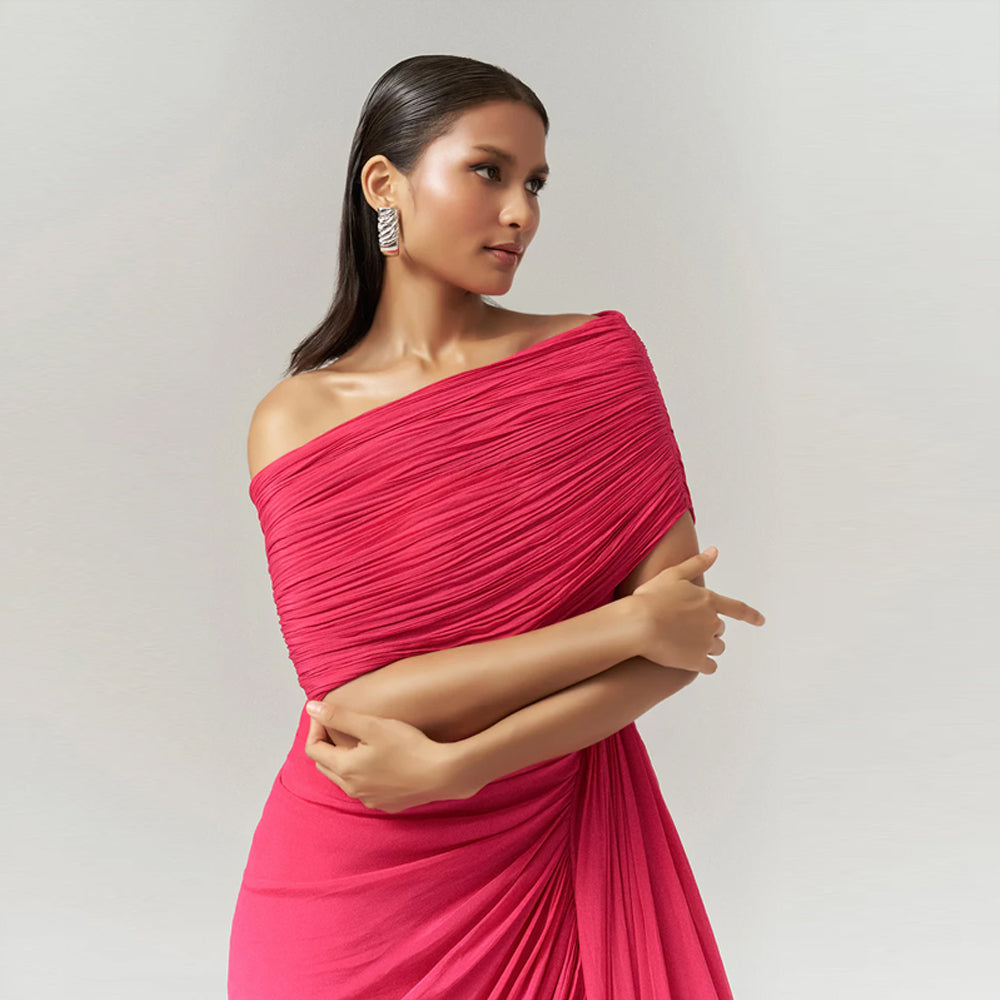 Pleated chiffon dress with one shoulder and slit, perfect for brunch and events. Shop online from our curated edit of premium fashion.