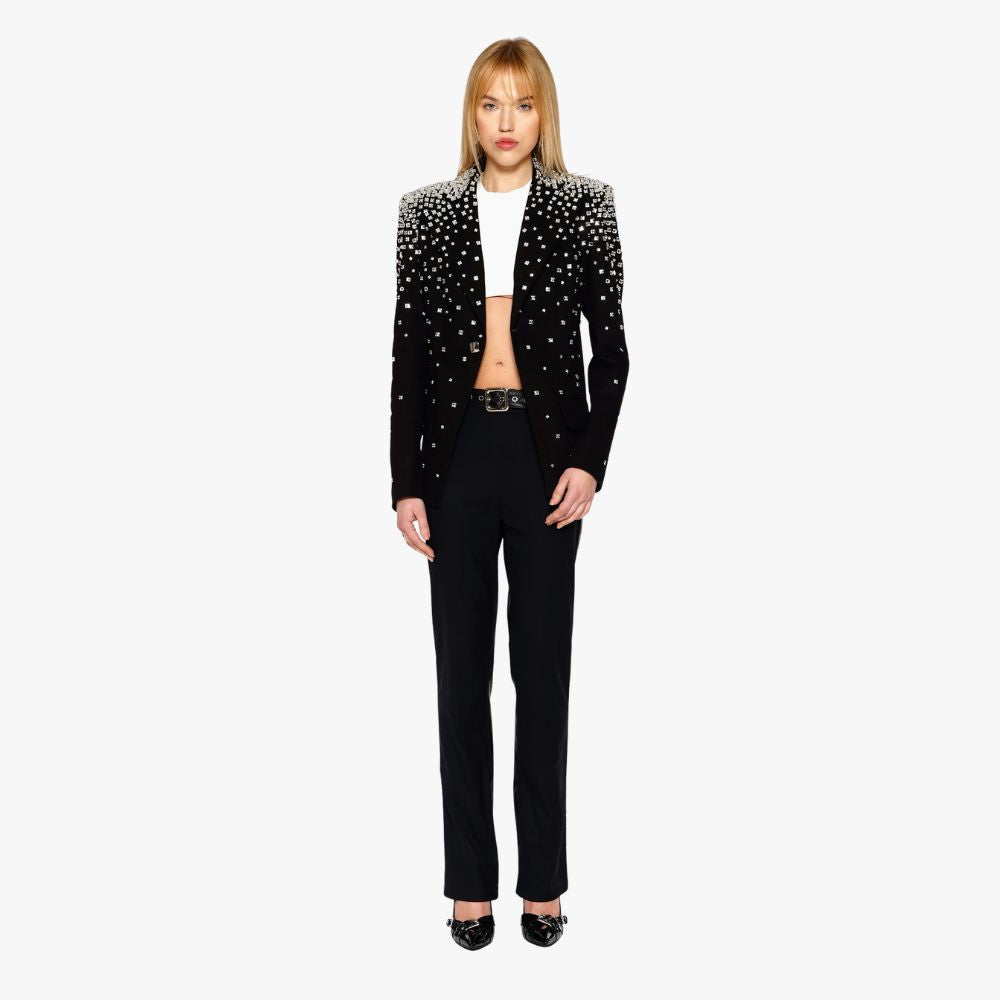 Shop the Chroma Corset Blazer in Denim, featuring handmade limited-edition mirror embroidery, corset detailing, and a structured blazer silhouette for a statement look.