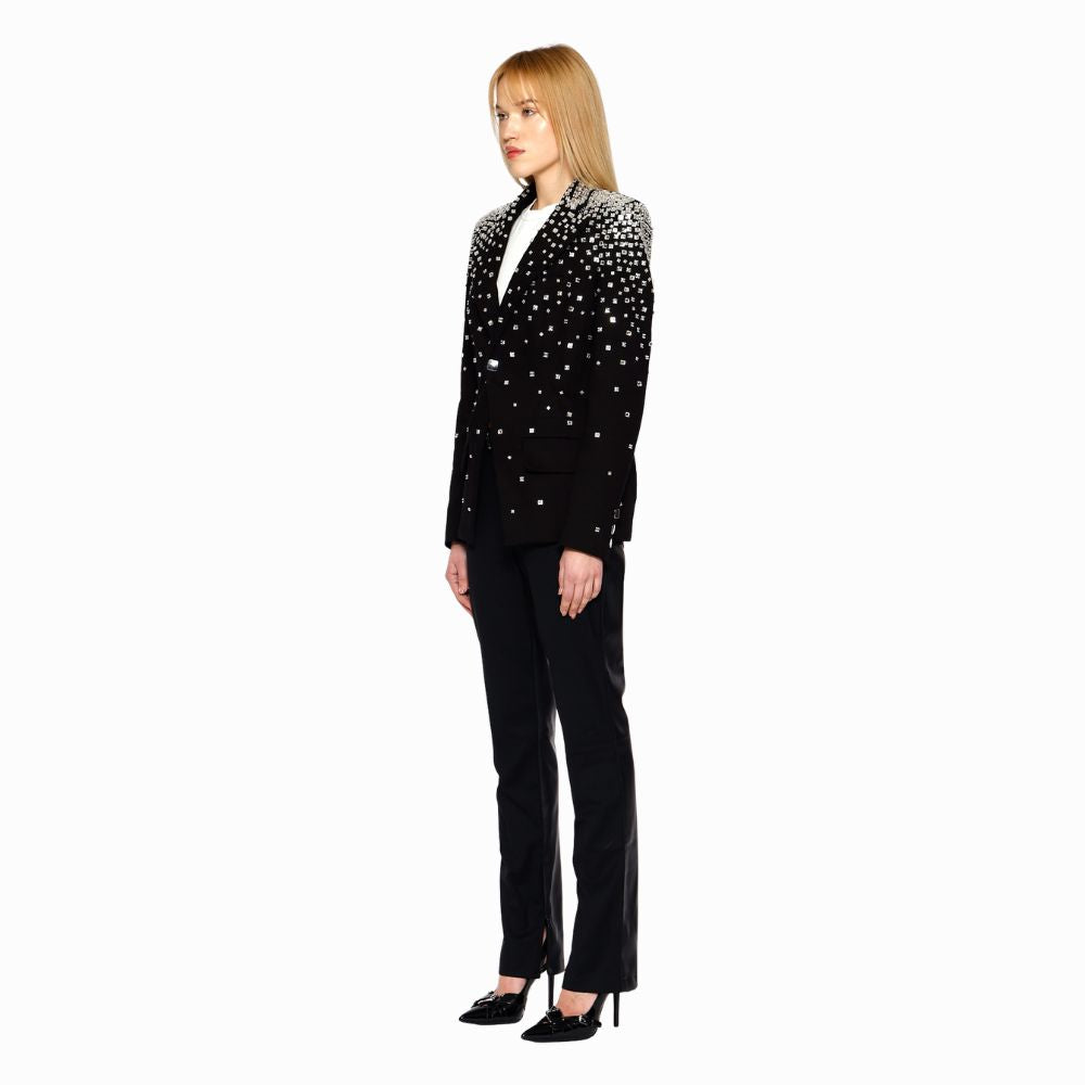 Shop the Chroma Corset Blazer in Denim, featuring handmade limited-edition mirror embroidery, corset detailing, and a structured blazer silhouette for a statement look.