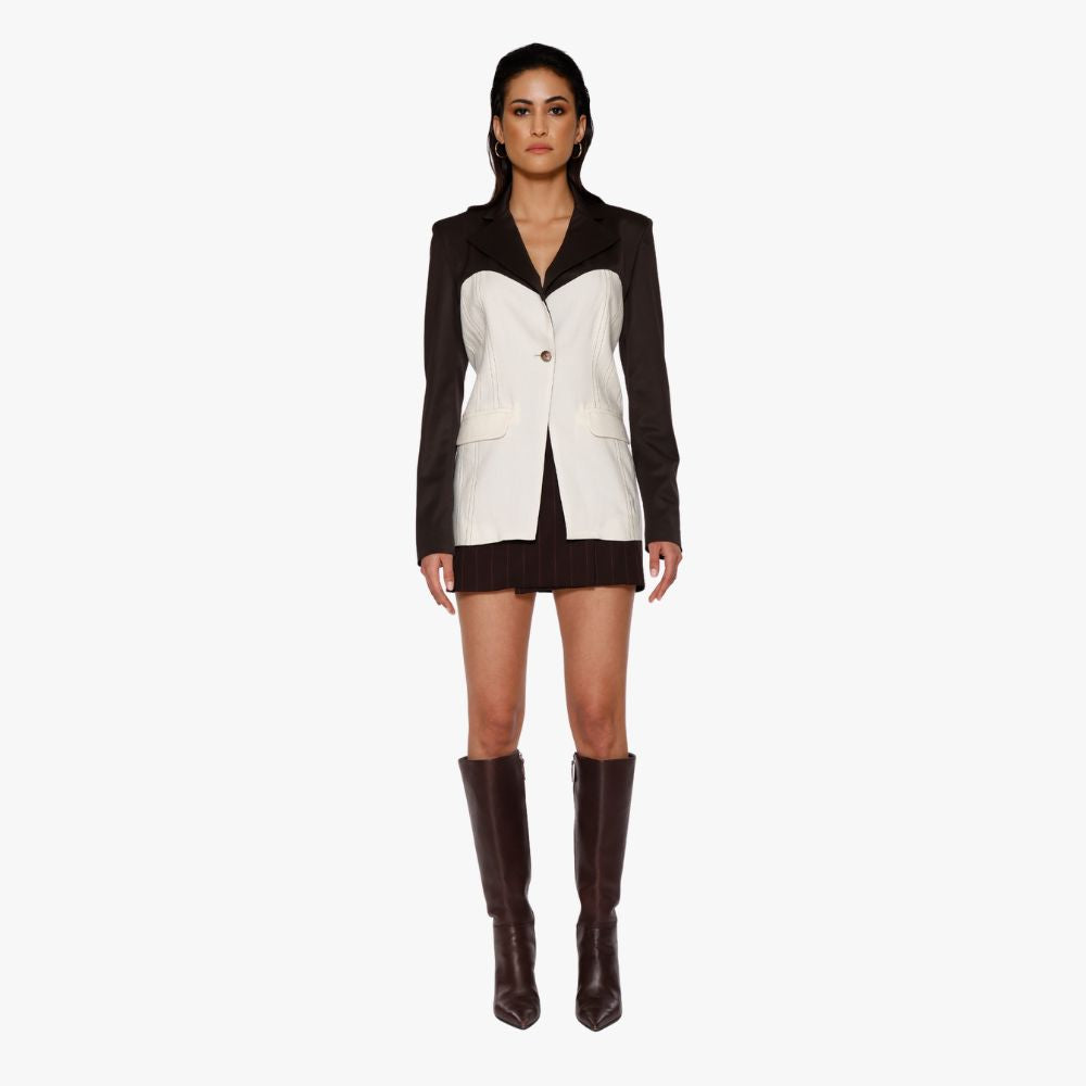 Shop online from our exclusive website. Discover the Color Block Corset Blazer, combining corset-inspired detailing with a structured blazer silhouette for a modern, statement look.