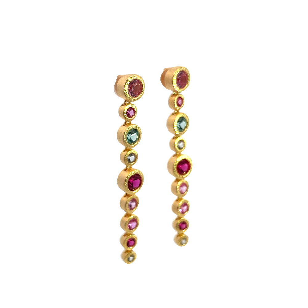 Shop online premium 18K gold shoulder duster earrings with ruby and sapphire gemstones.
