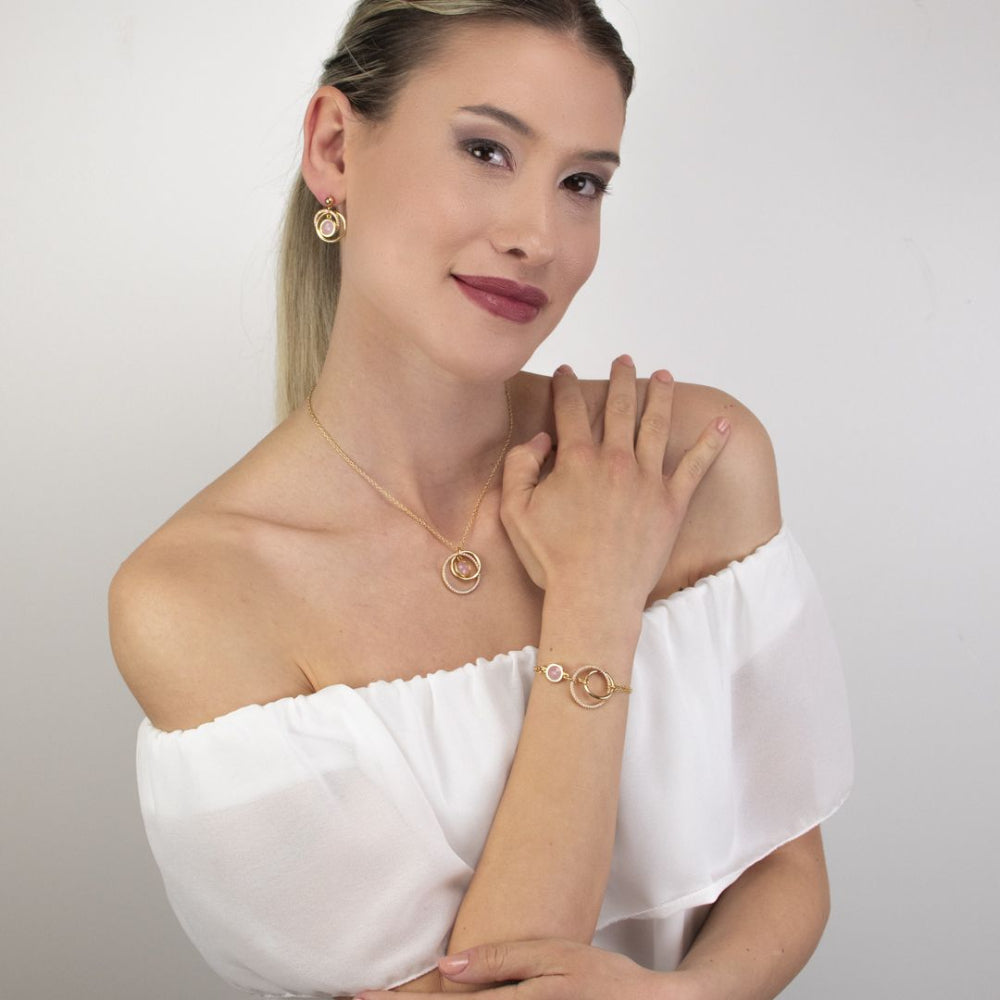 Shop online premium gold necklace with pink quartz circles and sparkling cubic zirconia accents.