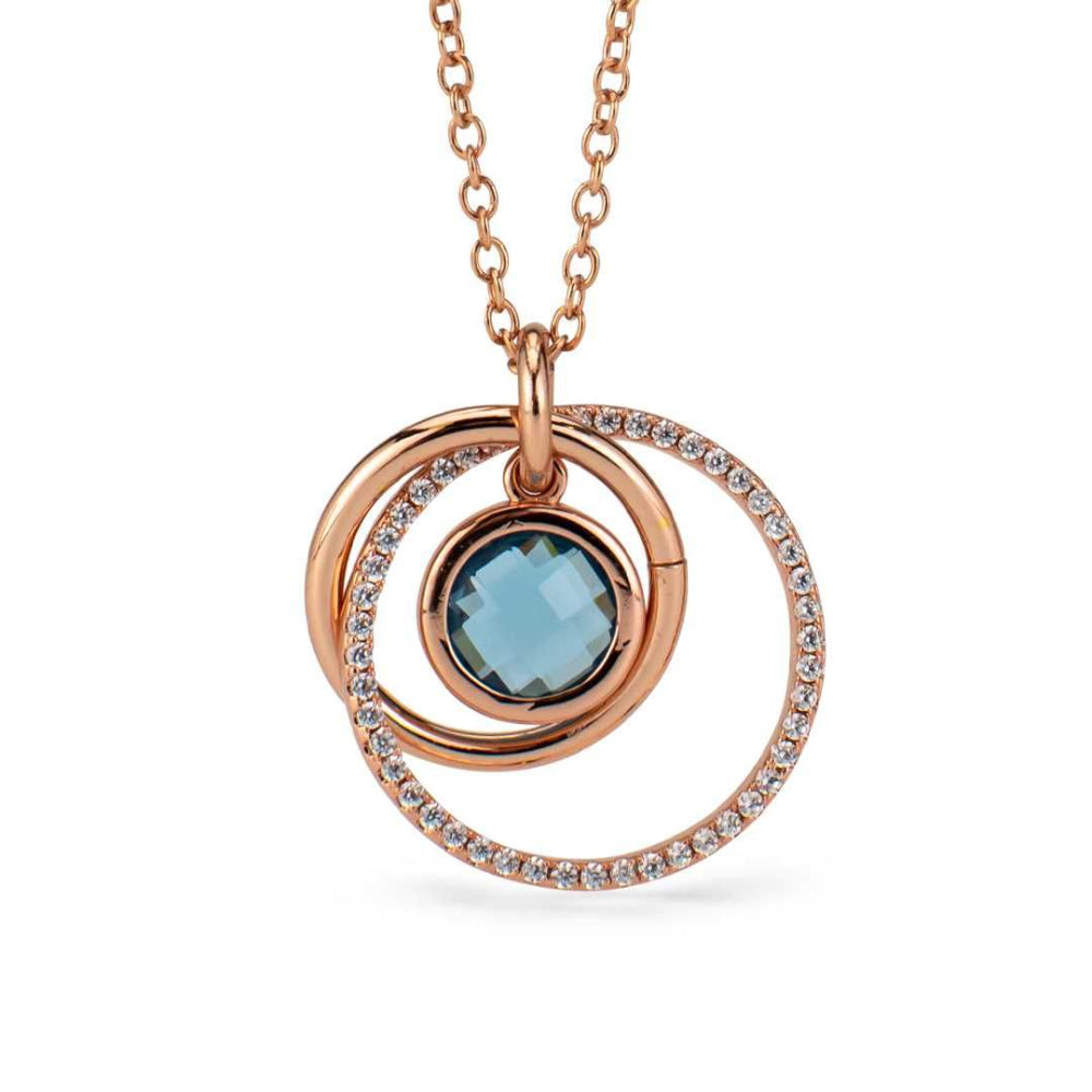 Shop online premium rose gold necklace with sky blue crystal circles and sparkling cubic zirconia details.