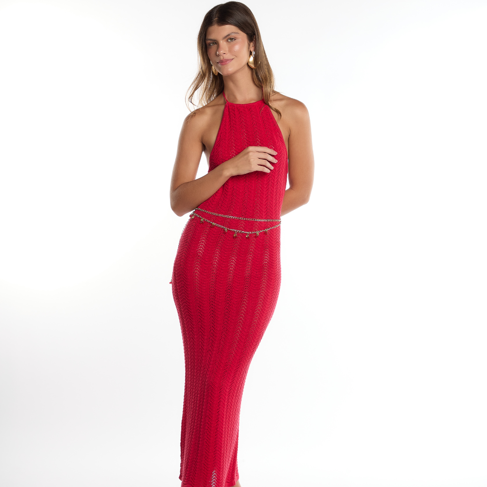 Shop the Cornelia Red Dress at TLM, featuring a halter neckline and openwork knit detailing. Discover luxury summer fashion on The Luxe Maison website.