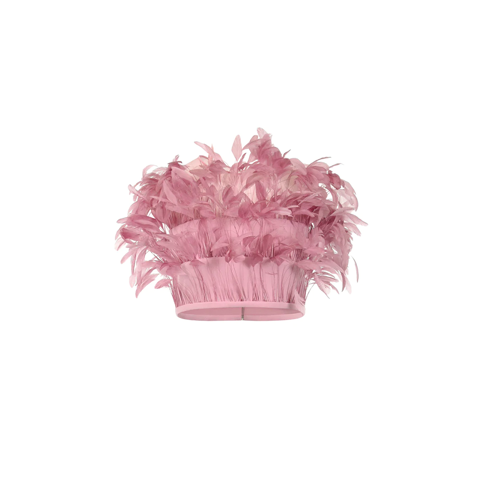 A cotton candy pink feathered cropped top, with crepe bell bottom trousers.