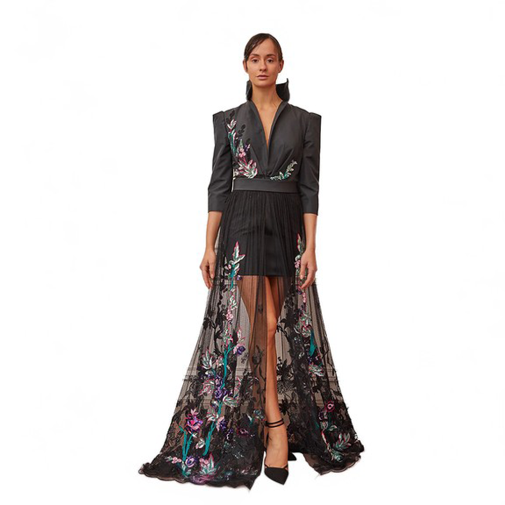 Jacket style coverall bodice paired up with net embroidered front slit with visible lining short skirt inside. 