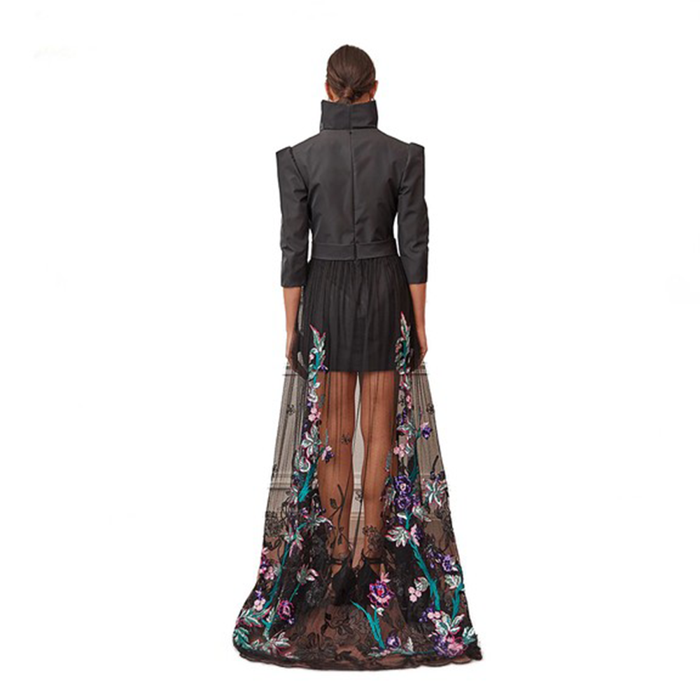 Jacket style coverall bodice paired up with net embroidered front slit with visible lining short skirt inside. 
