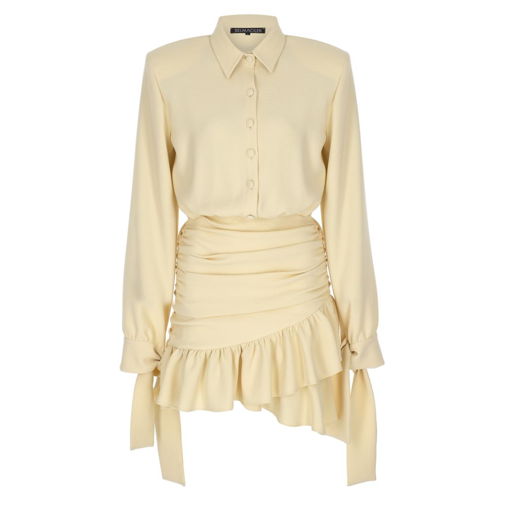 Cream Shirt-Neck Mini Dress with Shoulder Pad. 91% PES / 9% VIS.