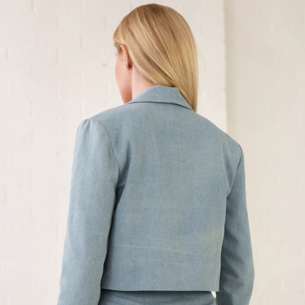 This cropped denim jacket is inspired by '80s tuxedos ‘,which is our stylist favourite fashion period. 