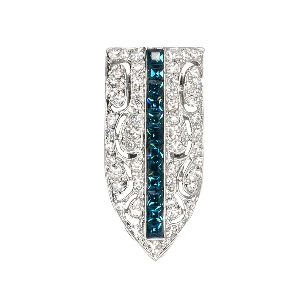 Brighten up any lapel with this crystal deco pin with a bright sapphire colored bar.