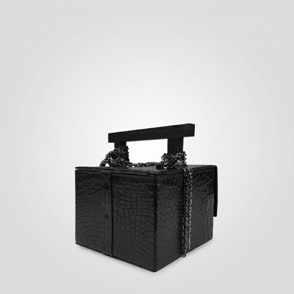 Croc leather handbag with chain handles and magnetic closure, pre order item. Shop online from our curated edit of premium fashion.