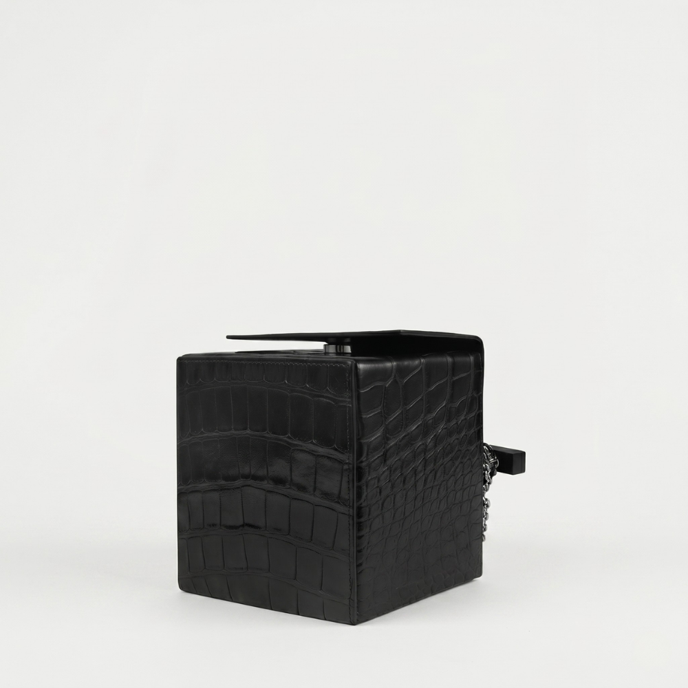 Croc leather handbag with chain handles and magnetic closure, pre order item. Shop online from our curated edit of premium fashion.