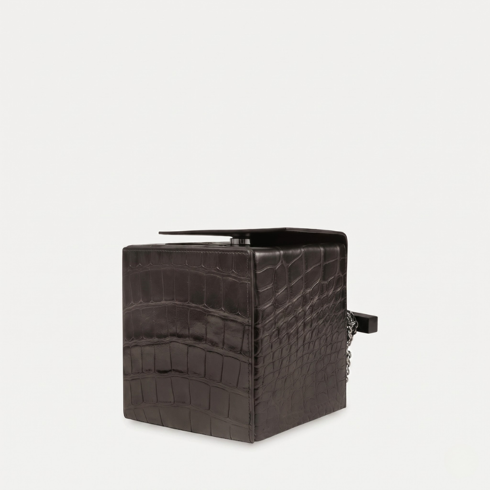 Croc leather handbag with chain handles and flap closure, pre order item. Shop online from our curated edit of premium fashion.