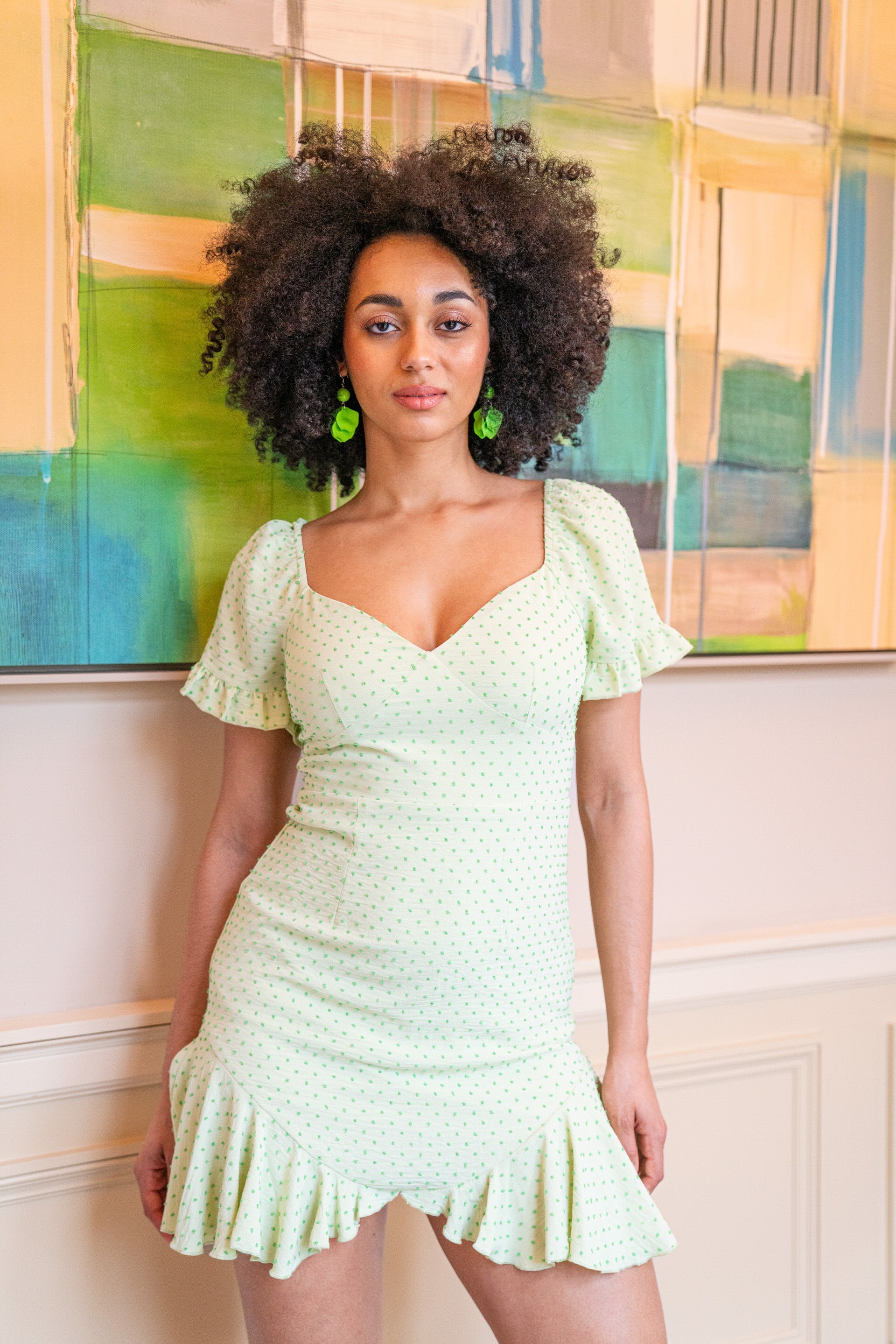 Women’s Mini Dress, Green Polka Dot Frill Detail with Angel Sleeves