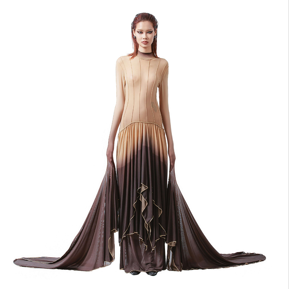 Sleek design Silk Dress in Beige And Brown Shade Color