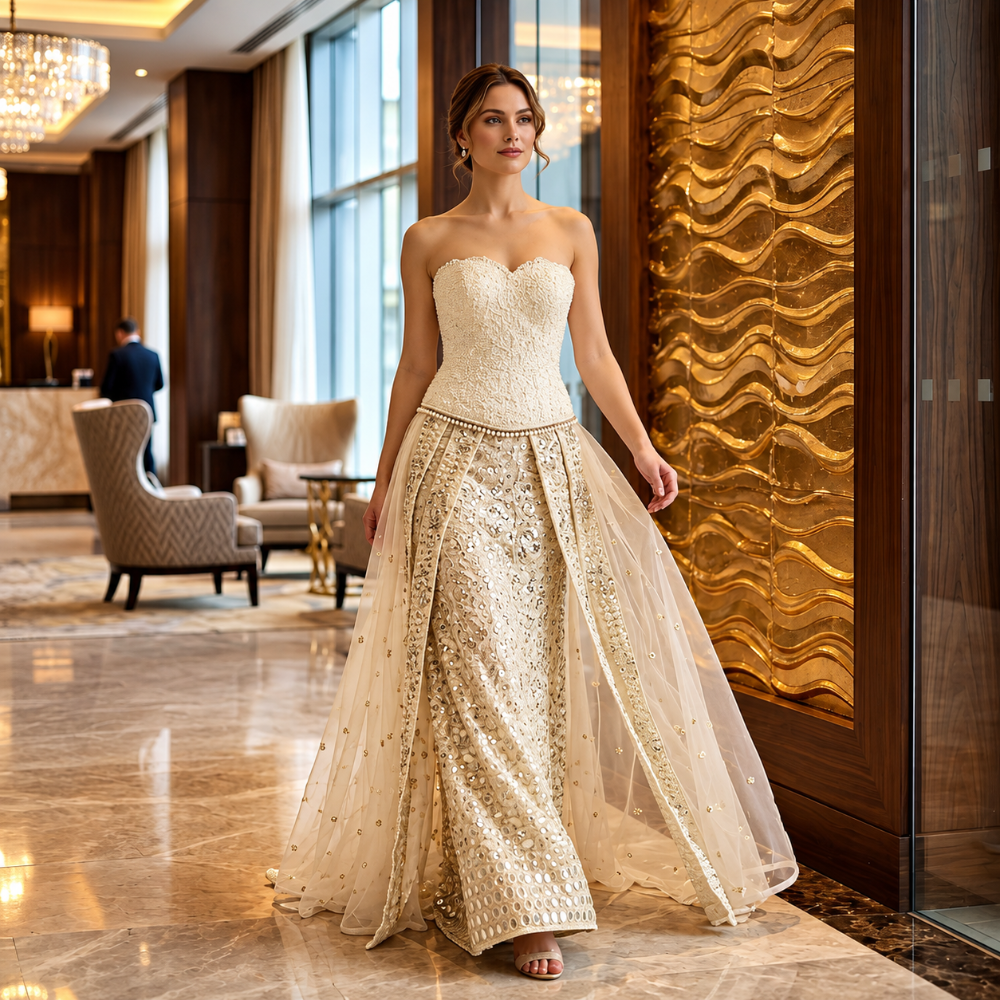 Shop online from our exclusive website. Discover the Dahlia off-white dress featuring embroidered fabric, a strapless neckline, coordinated skirt, and elegant silhouette for weddings, receptions, and special occasions.