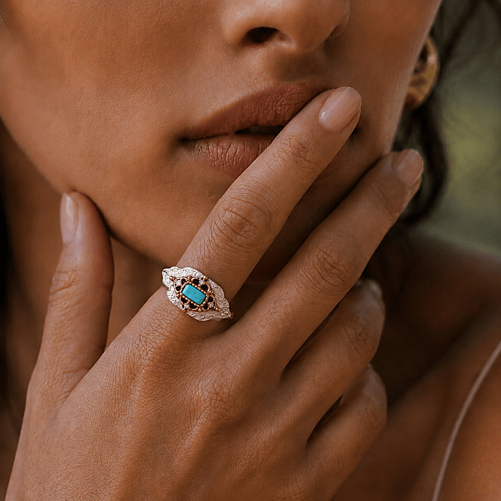Discover the Dakini Turquoise Necklace & Ring Jewelry Set at The Luxe Maison, featuring vibrant turquoise beads, carnelian accents, a sacred vajra pendant, and a matching turquoise ring in champagne gold vermeil for a spiritual, elegant look.