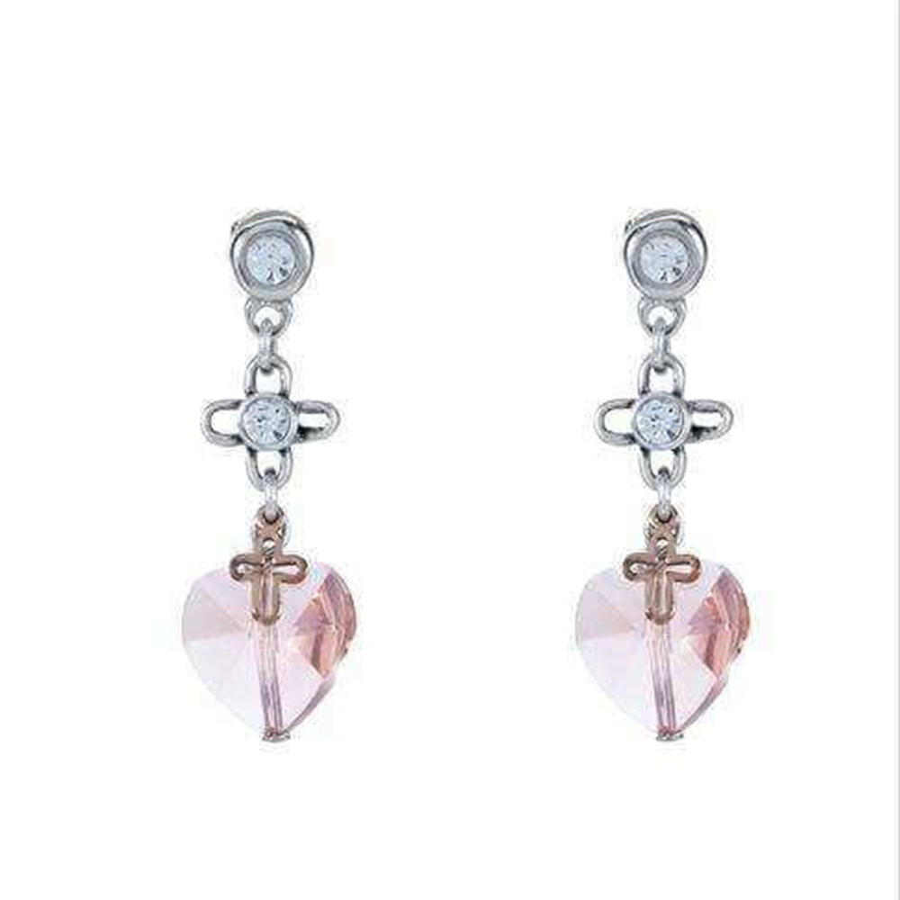 Dangle and drop earrings made with silver-plated brass, crystals and charms. 