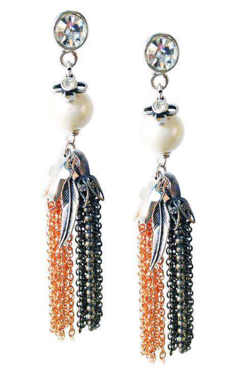 Dangle Drop Tassel Earrings are handmade with pearls, antique silver, rose gold tassels, swarovski crystals and charms. 