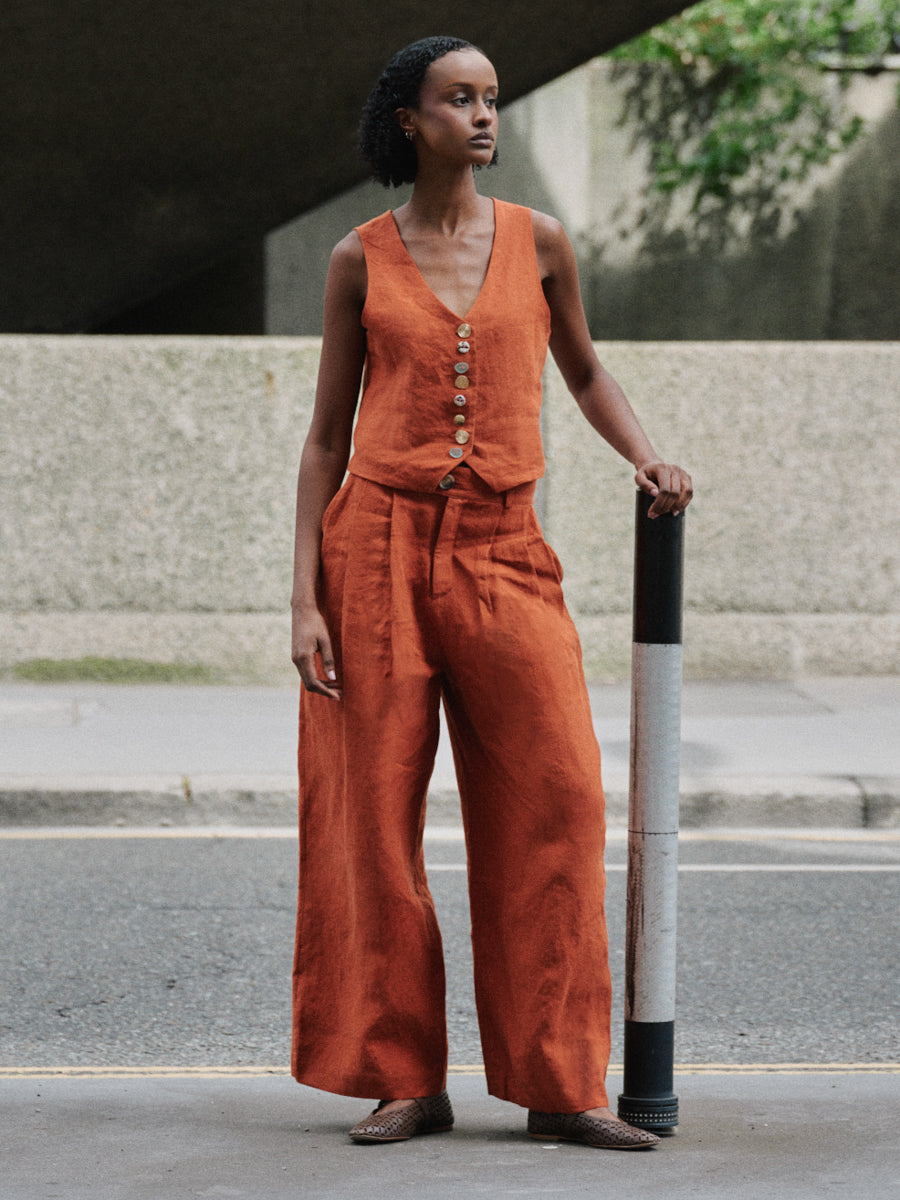 Women's Orange Linen Waistcoat Co-ord Set | Daphne | Fanfare