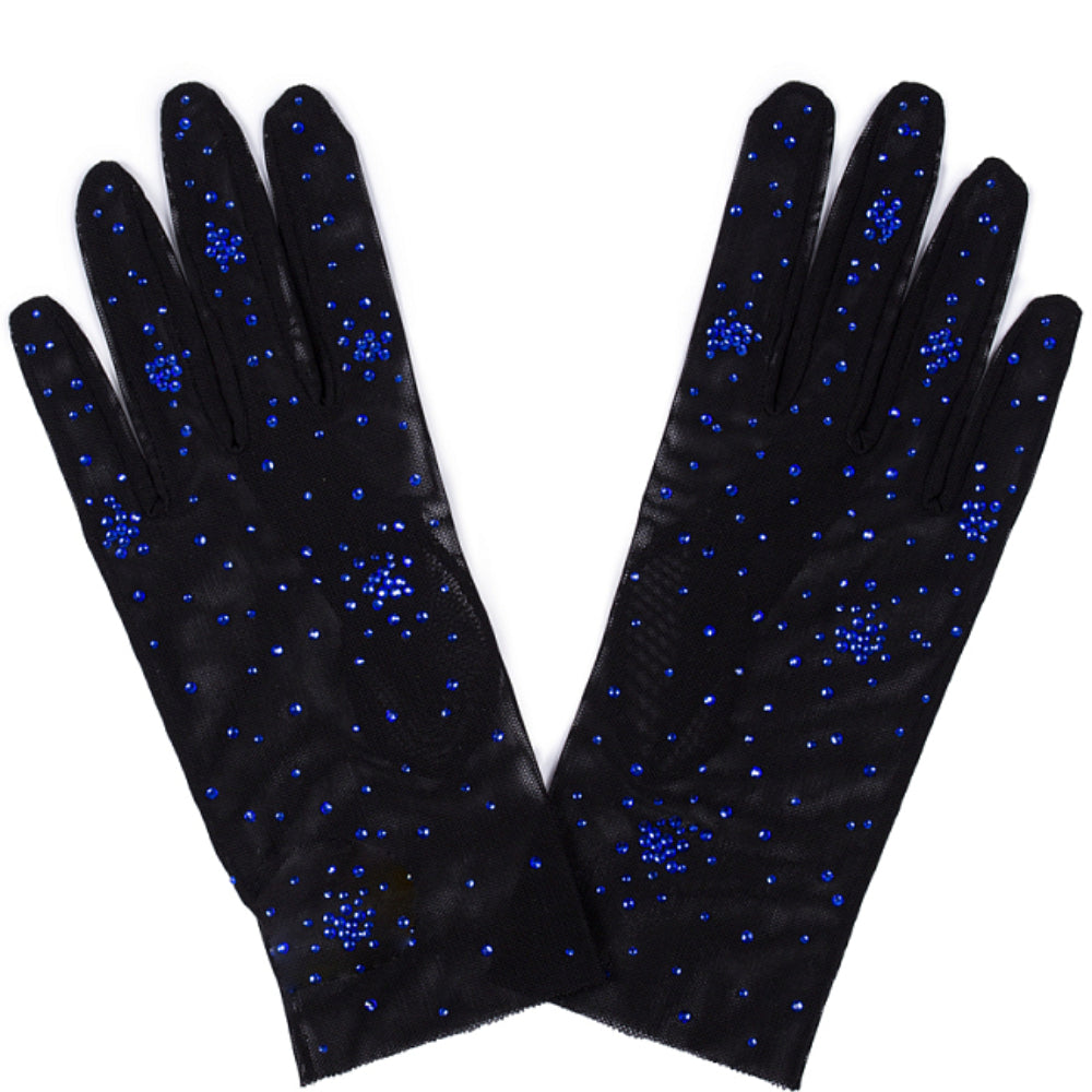Black gloves with crystal from stretch net with salute of deep blue crystals. Perfect party wear.