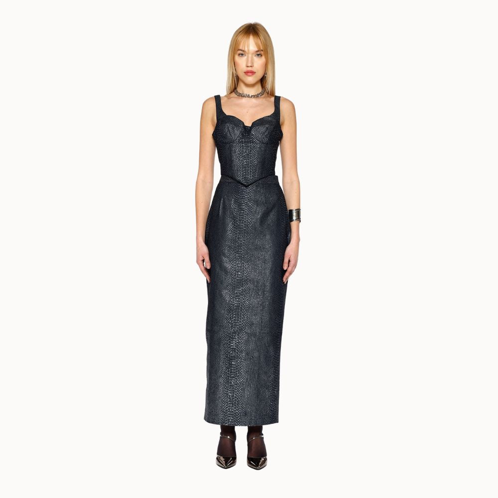 Shop online from our exclusive website. Discover the Denim Snakeskin Strap Corset, a fitted denim corset with embossed snakeskin print for a bold, elevated look.