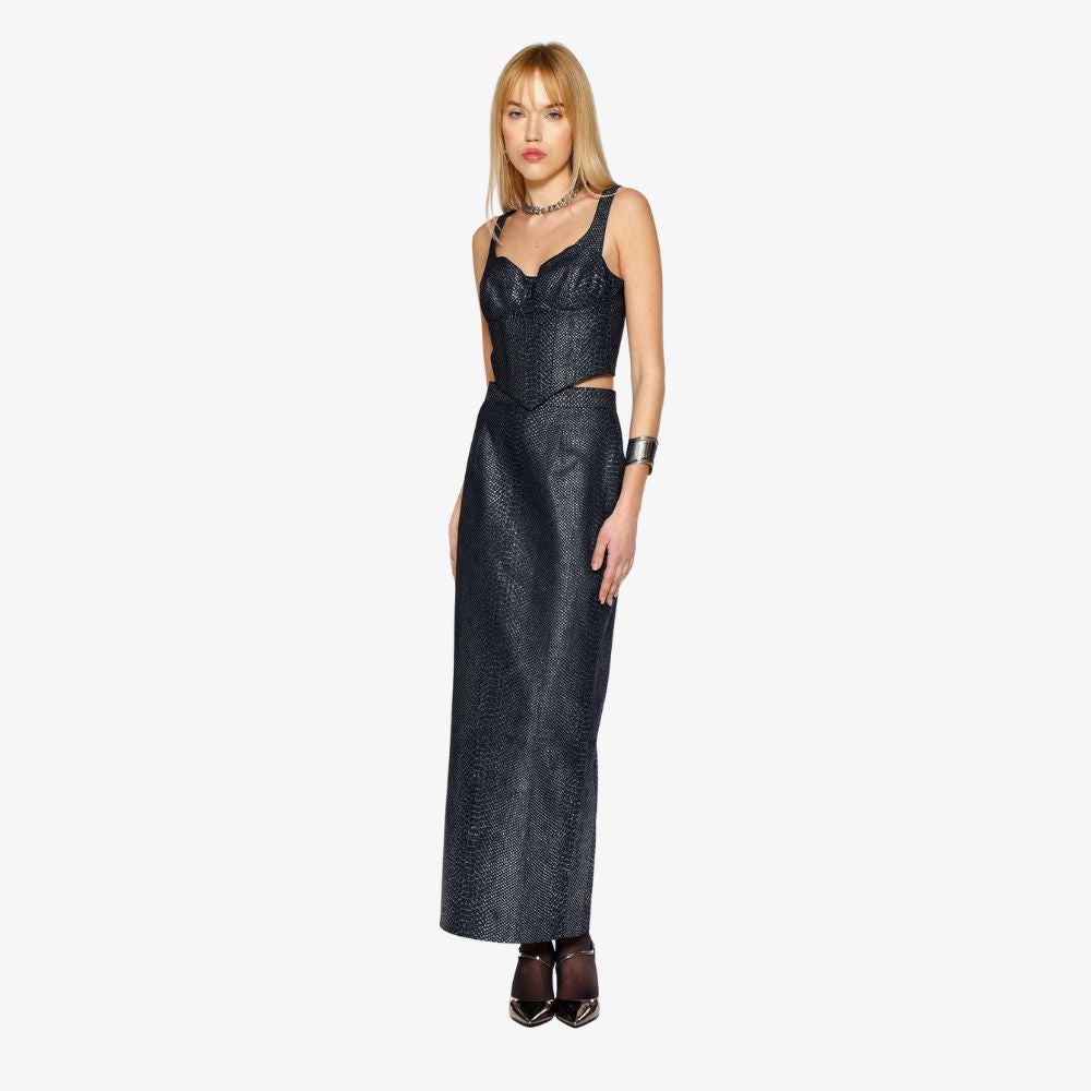 Shop online from our exclusive website. Discover the Denim Snakeskin Strap Corset, a fitted denim corset with embossed snakeskin print for a bold, elevated look.