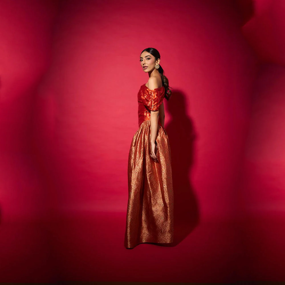 Brocade silk off shoulder dress with ruched sides, perfect for parties and events. Shop online from our curated edit of premium fashion.