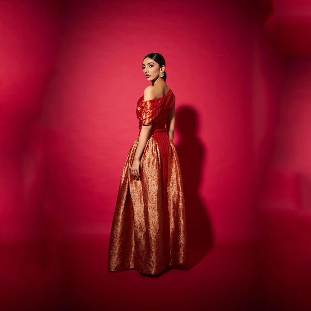 Brocade silk off shoulder dress with ruched sides, perfect for parties and events. Shop online from our curated edit of premium fashion.