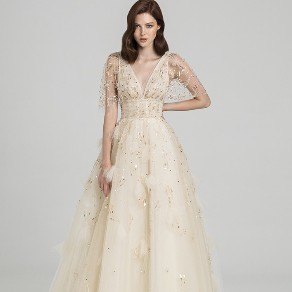 Ball gown in hand embroidered tulle with v neckline and sleeves.