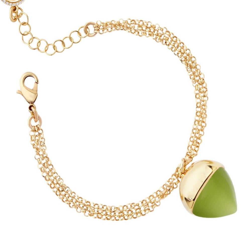 Elegant yellow gold plated double strand bracelet with an olive-colored pyramid crystal pendant and sparkling accents. Perfect for luxe everyday styling. Shop premium jewelry online.