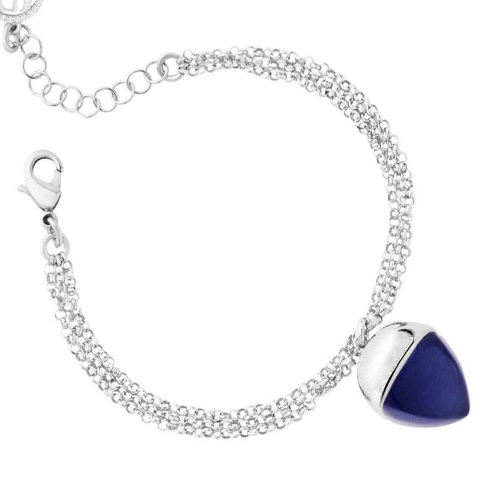Elegant rhodium-plated double strand bracelet with a tanzanite-colored pyramid crystal pendant for a chic and modern luxe look. Shop premium jewelry online.