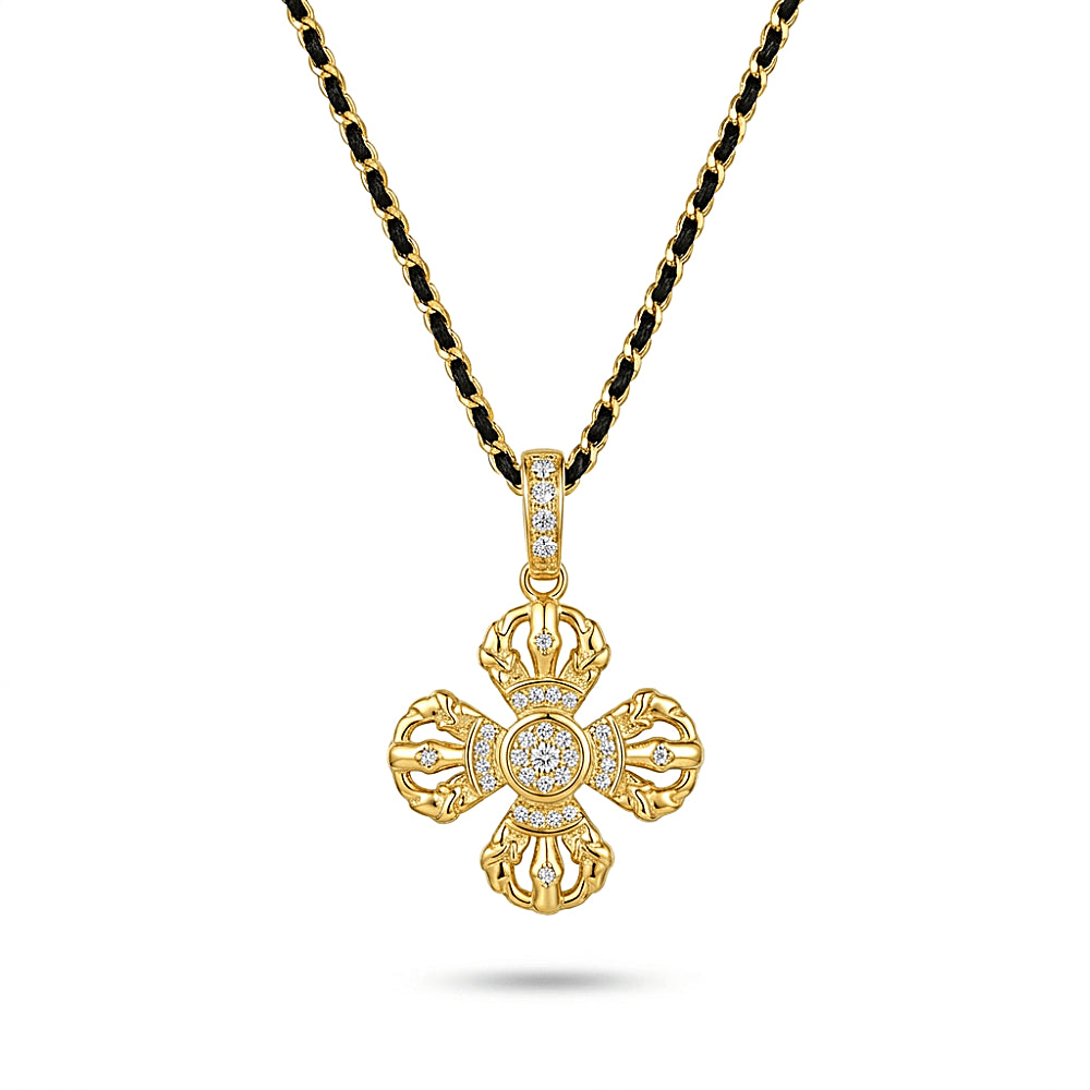 Discover the Double Vajra Gold Vermeil Pendant Necklace at The Luxe Maison, featuring an 18K gold vermeil pendant, sparkling cubic zirconia accents, and an adjustable black and gold chain for a spiritual, elegant look.
