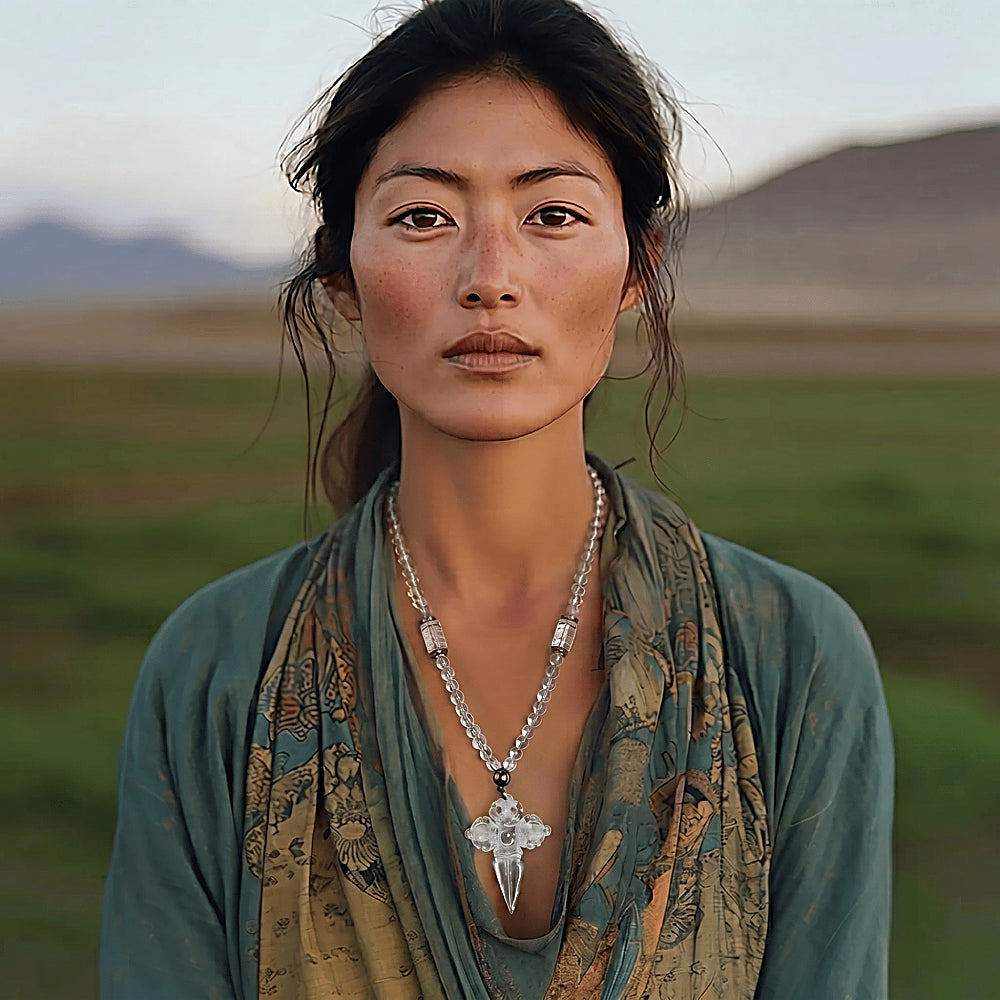Discover the Double Vajra & Phurba Crystal Necklace at The Luxe Maison, featuring a luminous clear crystal pendant and a Tibetan mantra bead inscribed with Om Mani Padme Hum for a spiritual, meaningful touch.