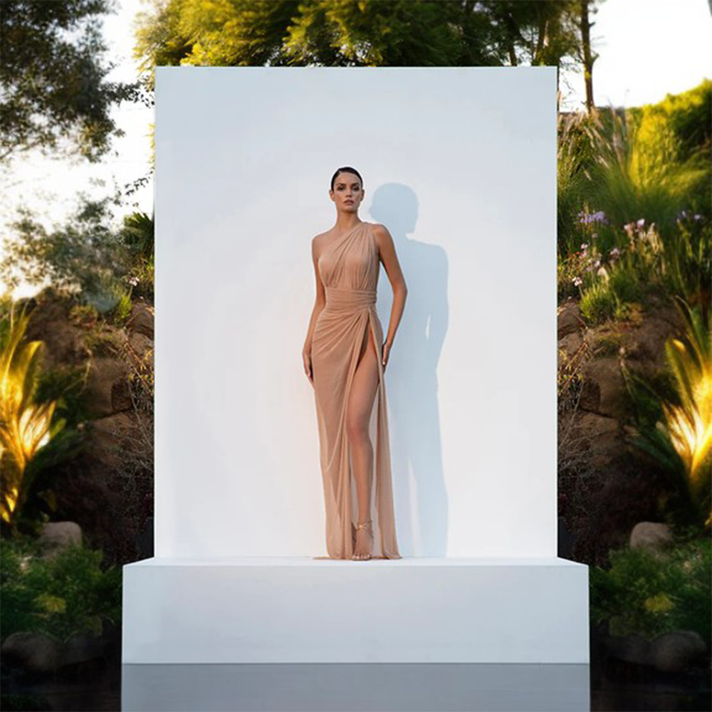 Draped tulle nude dress.