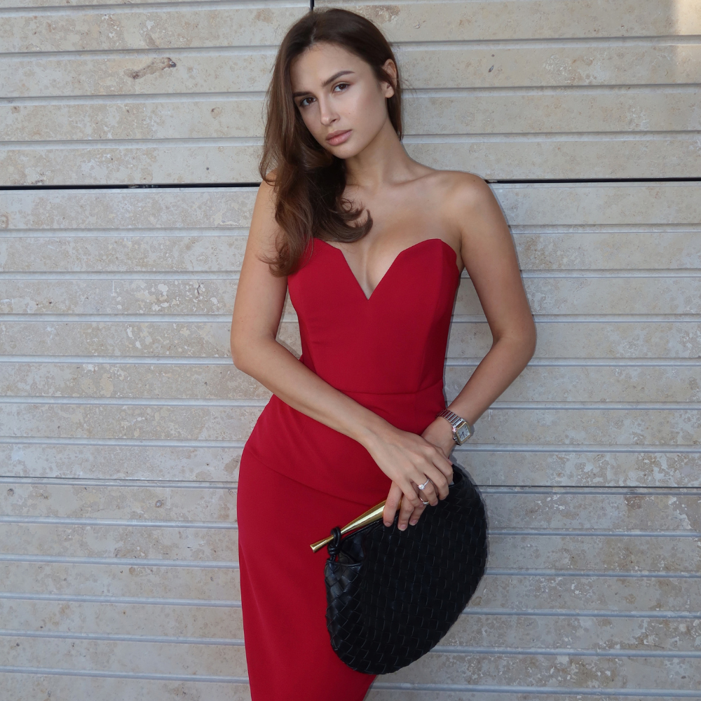 Elegant corset midi dress with built-in cups for a flattering, sculpted fit. Shop now at our exclusive clothing website.