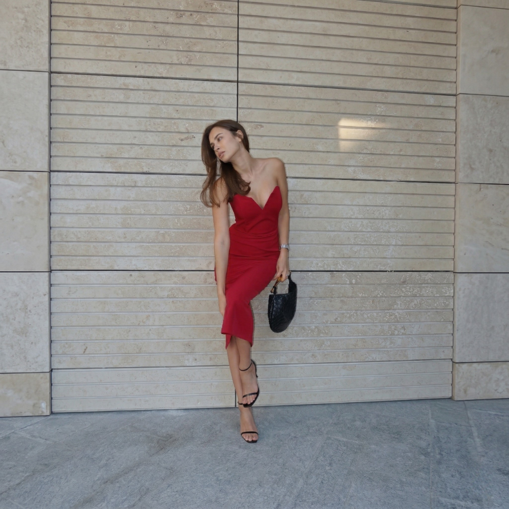 Elegant corset midi dress with built-in cups for a flattering, sculpted fit. Shop now at our exclusive clothing website.