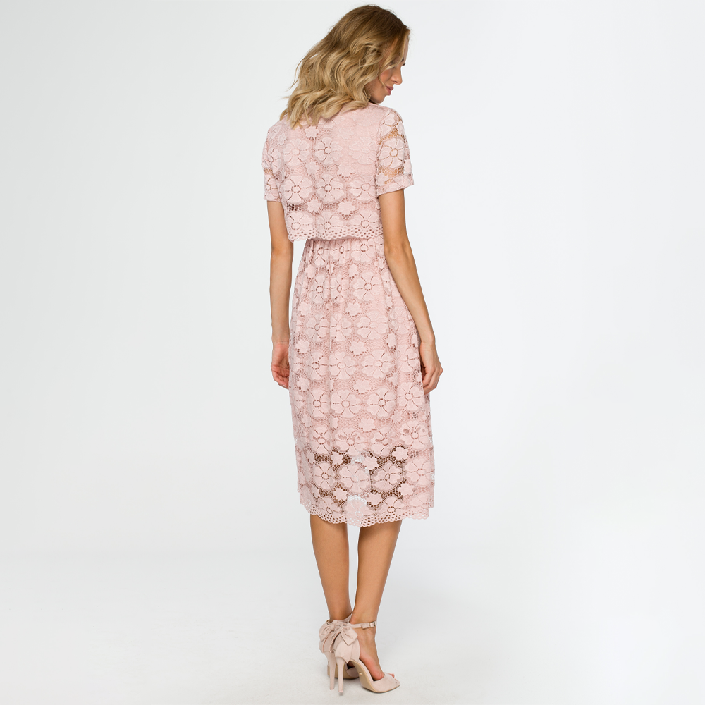 Elegant lace dress with floral pattern, mid-calf length,cropped top, midi-length.