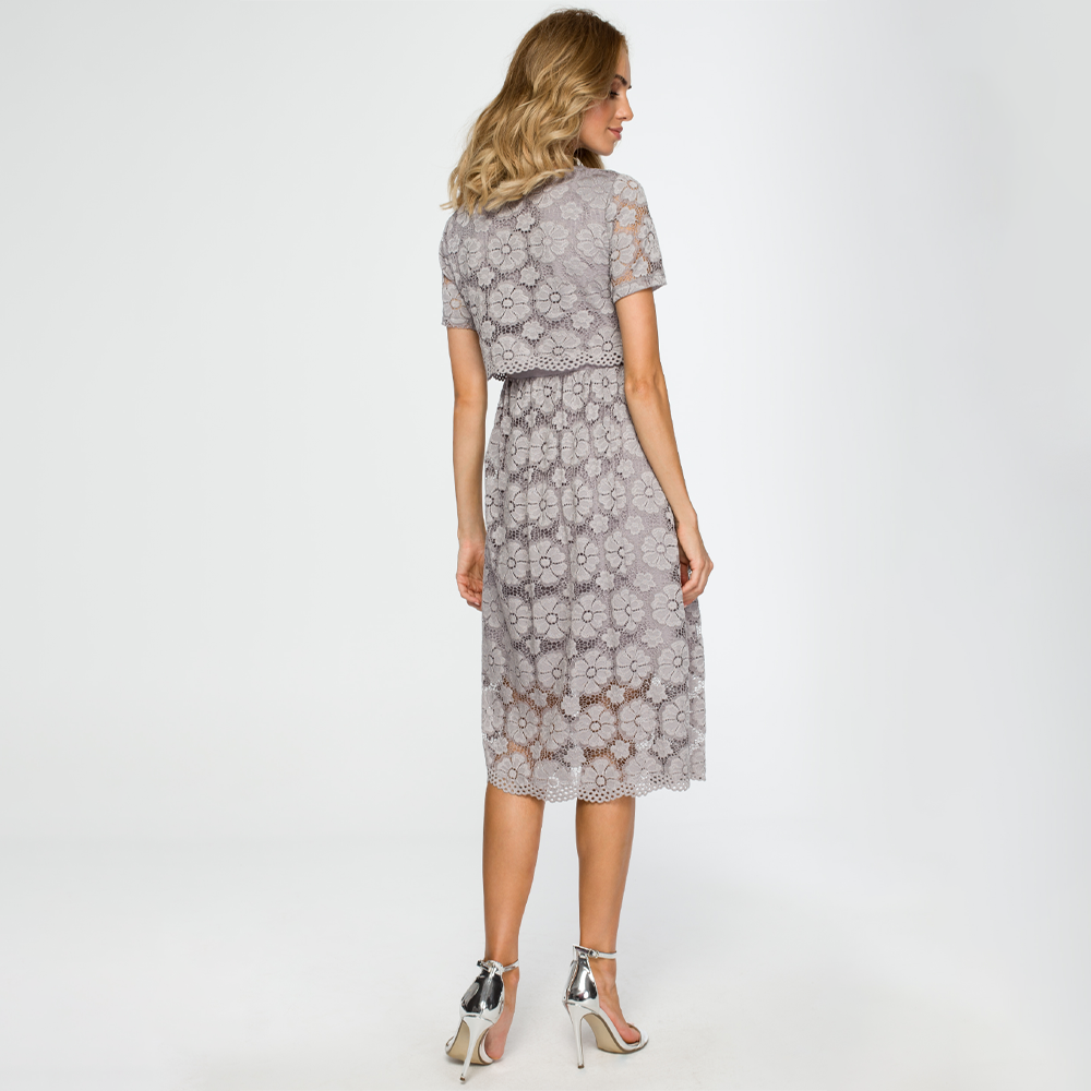 Elegant lace dress with floral pattern, mid-calf length,cropped top, midi-length.