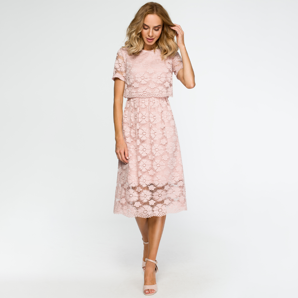 Elegant lace dress with floral pattern, mid-calf length,cropped top, midi-length.