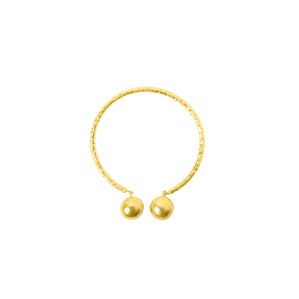 This piece is adorned with two beautifully crafted spheres that delicately hang at each end, creating a captivating design. 