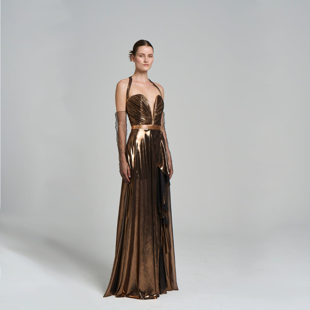 Pleated metallic gold fabric .Flare cut .Rib belt detail .Mini liner .Chest cleavage .Maxi evening dress 