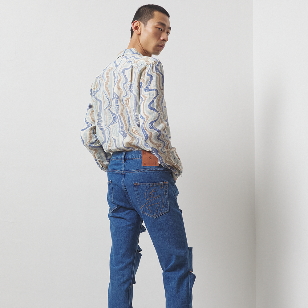 Lightweight sand, blue and butter cream printed 100% linen long-sleeve shirt with a boxy fit. 