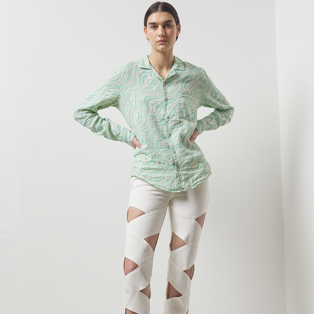 Lightweight seafoam green and off-white printed 100% linen long-sleeve shirt with a boxy fit.