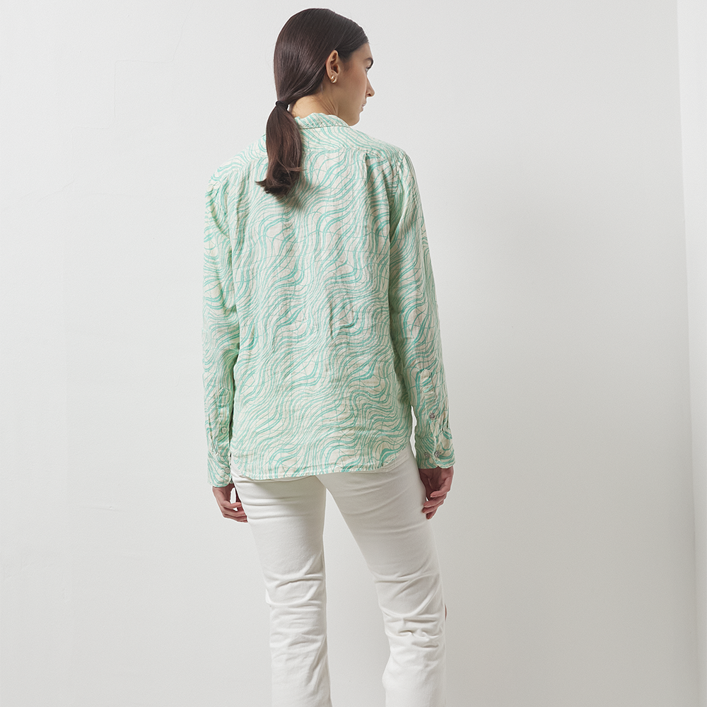 Lightweight seafoam green and off-white printed 100% linen long-sleeve shirt with a boxy fit.